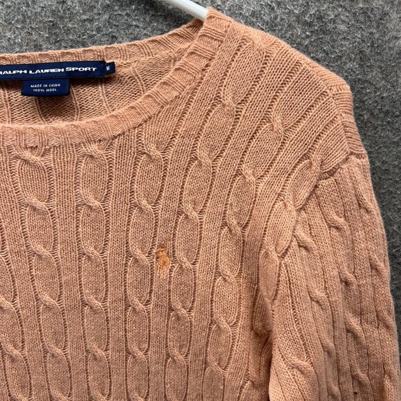 Ralph Lauren Sport Sweater Womens Medium Peach Cable Knit 100% Wool Pullover - Picture 7 of 10